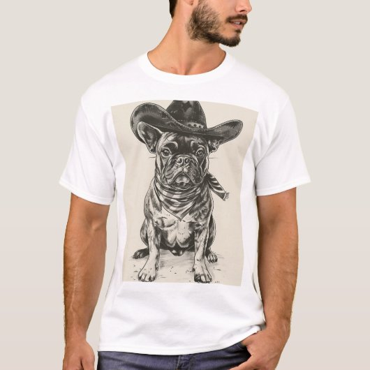 Franse Bulldog Cowboy Pet Retro Inkt Design T-shir T-shirt (Voorkant)