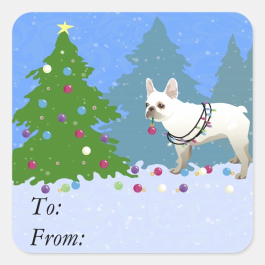 Franse Bulldog Decorting Tree in the Forest Vierkante Sticker (Voorkant)