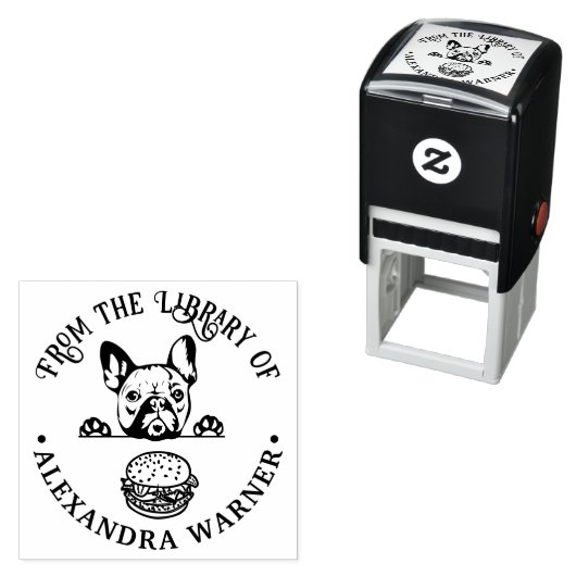 Franse Bulldog die naar Hamburger Bibliotheek Boek Zelfinktende Stempel (In situ)