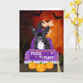 Franse Bulldog Dog in Halloween Truck Kaart (Gele Bloem)