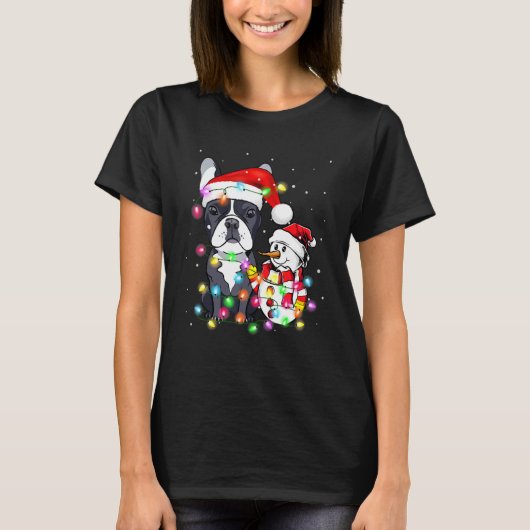 Franse Bulldog Dog Kerstmis Snowman Licht Pajama T-shirt (Voorkant)