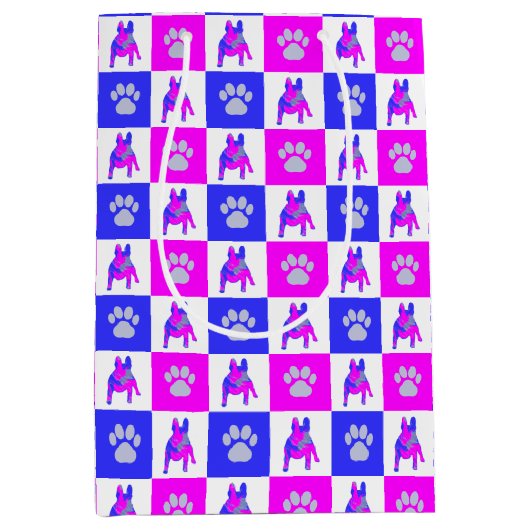 Franse Bulldog Dog & Paw Hot Pink & Blue Medium Cadeauzakje (Voorkant)