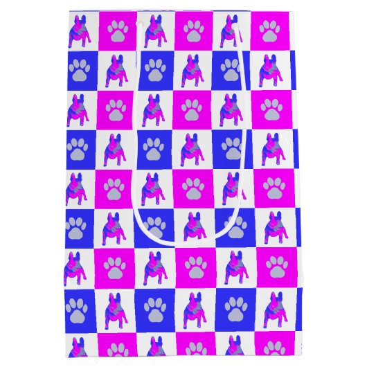 Franse Bulldog Dog & Paw Hot Pink & Blue Medium Cadeauzakje (Achterkant)