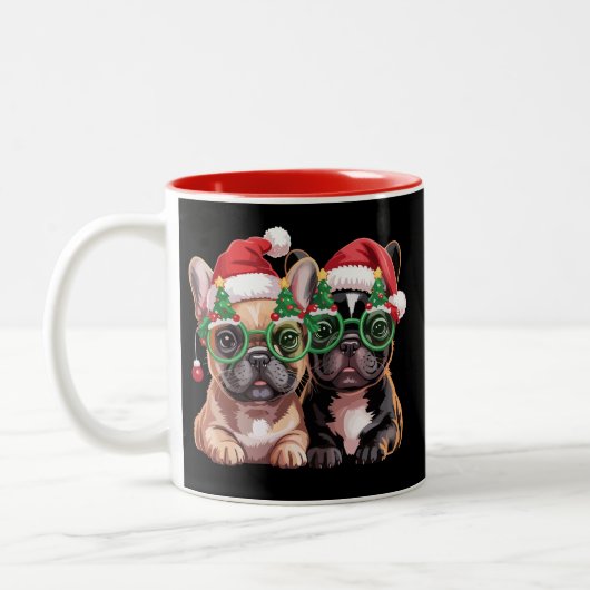 Franse Bulldog draagt kerstboombril Tweekleurige Koffiemok (Links)