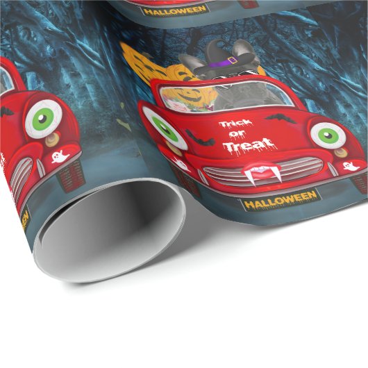 Franse Bulldog Driving Car Scary Halloween Cadeaupapier (Rol Hoek)
