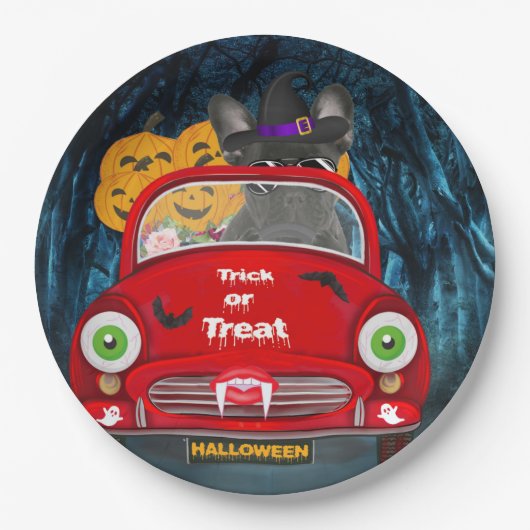 Franse Bulldog Driving Car Scary Halloween Papieren Bordje (Voorkant)