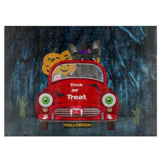 Franse Bulldog Driving Car Scary Halloween Snijplank (Voorkant)