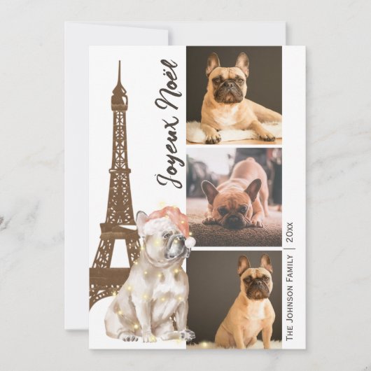 Franse Bulldog Eiffel Tower Foto: Parijs kerstmis Feestdagenkaart (Voorkant)