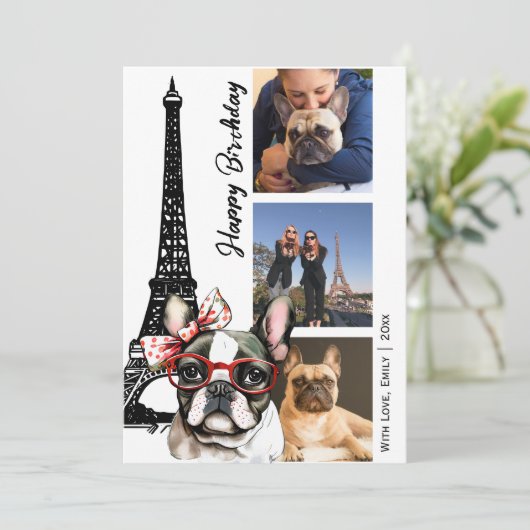Franse Bulldog Eiffeltoren Foto Parijs Verjaardag Kaart (Staand voorkant)