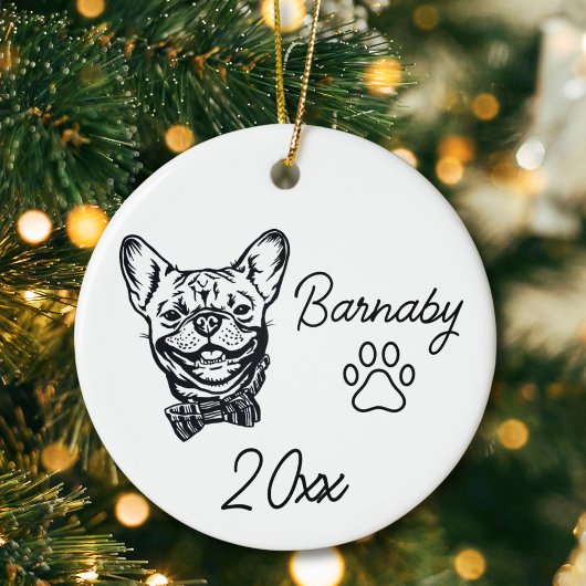 Franse Bulldog Eigen Naam & Jaar Lijntekening Keramisch Ornament