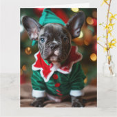 Franse Bulldog Elf Puppy Kerst Kaart (Gele Bloem)