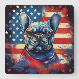 Franse Bulldog en Amerikaanse vlag in nood Vierkante Klok