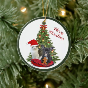Franse Bulldog en Kerstkat Boom Ornament