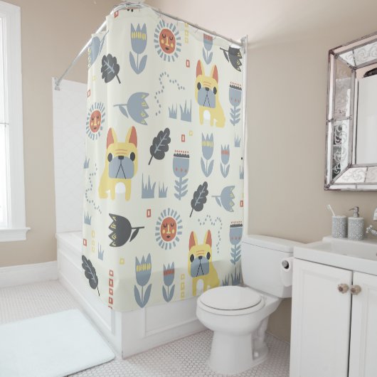 -Franse bulldog en Scandinavische bloem Douchegordijn (In situ)