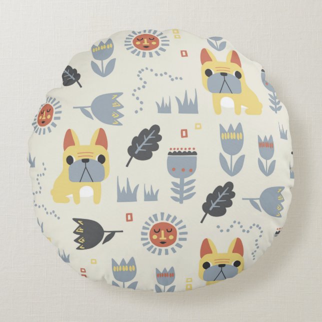 -Franse bulldog en Scandinavische bloem Rond Kussen (Voorkant)
