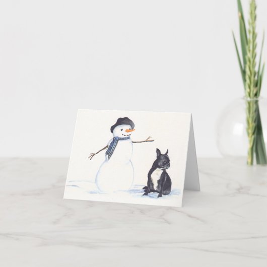 Franse Bulldog en Snowman Dog Art Notecard Feestdagen Kaart (Voorkant)