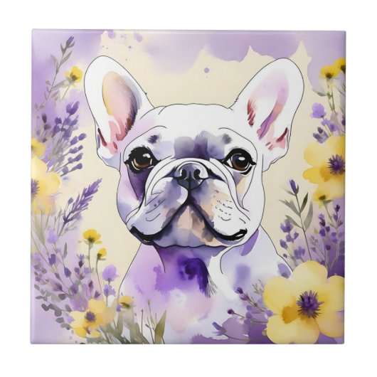 Franse Bulldog en wilde bloemen Tegeltje (Voorkant)