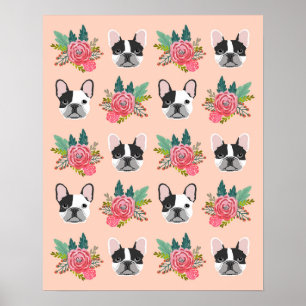Franse Bulldog faces Floral Dog Art Poster