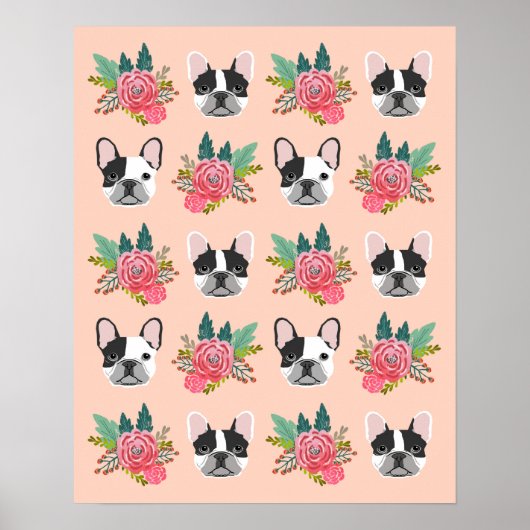 Franse Bulldog faces Floral Dog Art Poster (Voorkant)