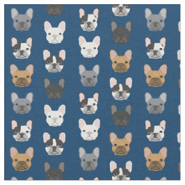 Franse Bulldog Faces Navy Blue Stof