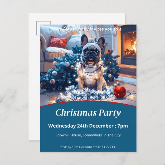 Franse Bulldog & Fairy Lights Kerstmis Uitnodiging Briefkaart (Voorkant / Achterkant)