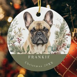 Franse Bulldog Fawn Hondenras Watercolor Kerstmis Keramisch Ornament