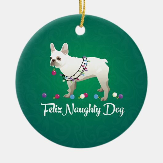 Franse Bulldog Feliz Naughty Dog Kerstmis Keramisch Ornament (Voorkant)