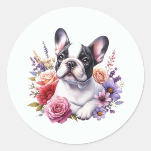 Franse Bulldog Floral Ronde Sticker (Voorkant)