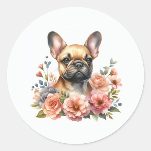 Franse Bulldog Floral Ronde Sticker (Voorkant)