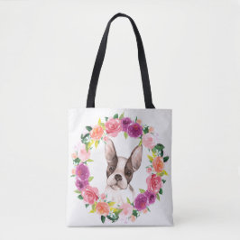Franse Bulldog, Floral Wreath Canvas tas