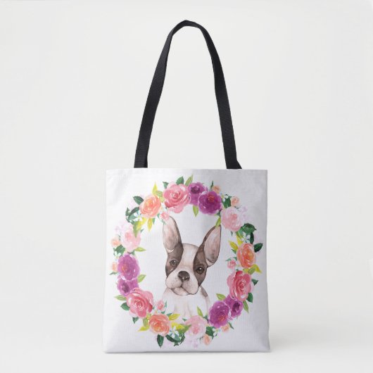 Franse Bulldog, Floral Wreath Canvas tas (Voorkant)