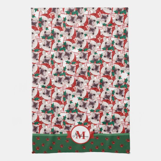 Franse Bulldog Frenchie Monogram Kerst Hond Theedoek (Verticaal)