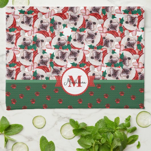 Franse Bulldog Frenchie Monogram kersthond Theedoek (Gevouwen)