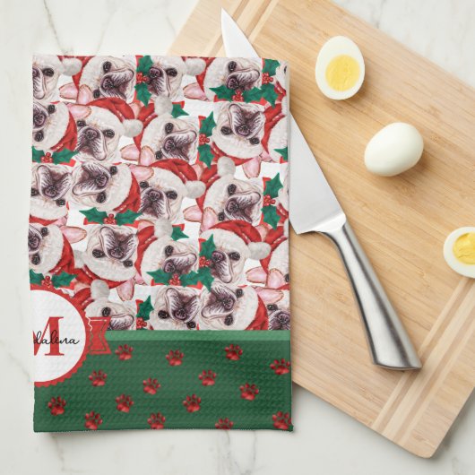 Franse Bulldog Frenchie Monogram kersthond Theedoek (Quarter Fold)