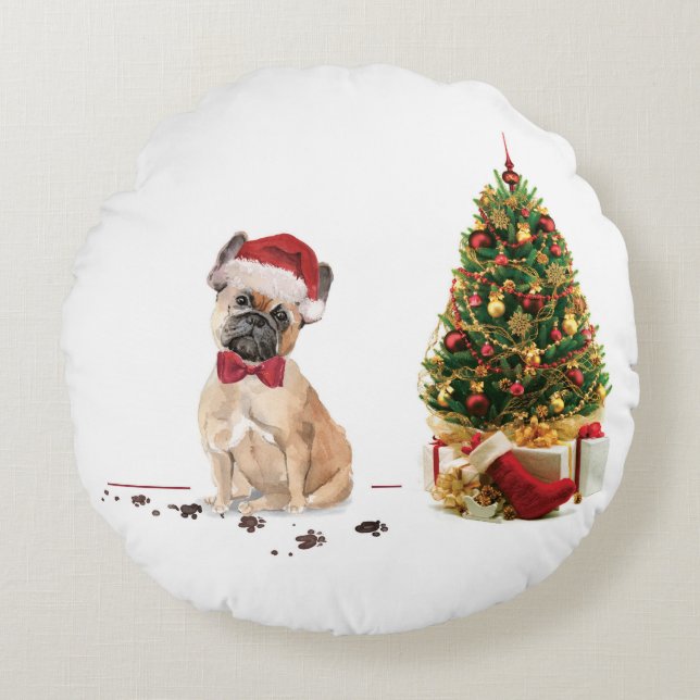 Franse Bulldog Funny kersthond met boom Rond Kussen (Voorkant)
