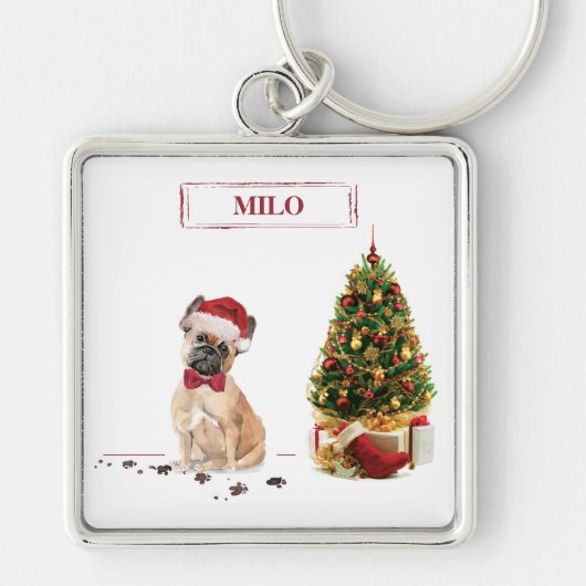 Franse Bulldog Funny kersthond met boom Sleutelhanger (Voorkant)