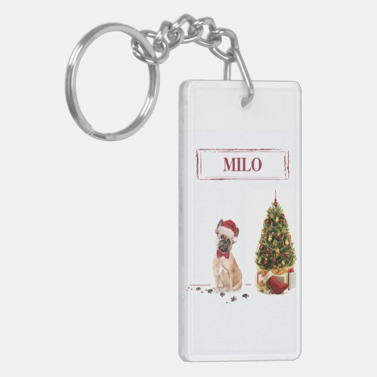 Franse Bulldog Funny kersthond met boom Sleutelhanger (Voorkant Links)