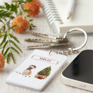 Franse Bulldog Funny kersthond met boom Sleutelhanger