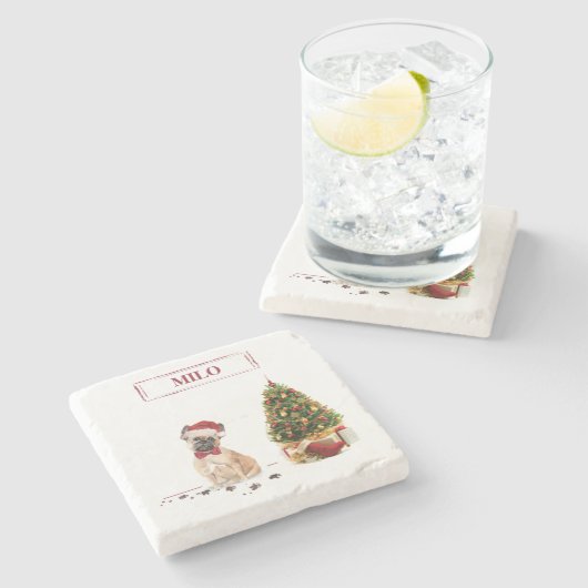 Franse Bulldog Funny kersthond met boom Stenen Onderzetter (Zijkant)