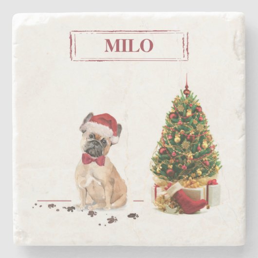 Franse Bulldog Funny kersthond met boom Stenen Onderzetter (Voorkant)