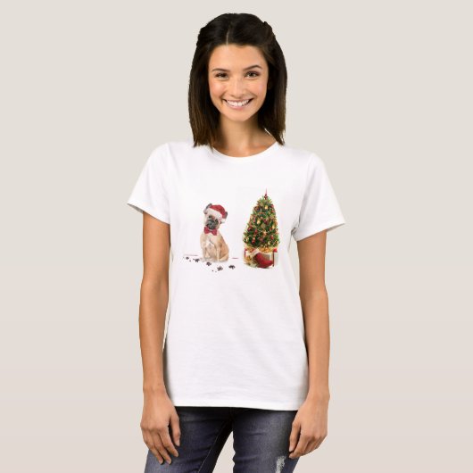 Franse Bulldog Funny kersthond met boom T-shirt (Voorkant volledig)
