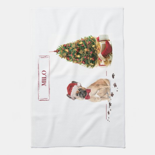 Franse Bulldog Funny kersthond met boom Theedoek (Verticaal)