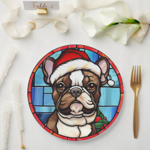 Franse Bulldog Gebrandschilderde Glas Kerstmis Papieren Bordje