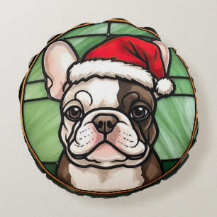 Franse Bulldog Gebrandschilderde Glas Kerstmis Rond Kussen