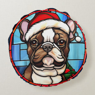 Franse Bulldog Gebrandschilderde Glas Kerstmis Rond Kussen
