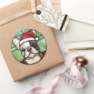 Franse Bulldog Gebrandschilderde Glas Kerstmis Ronde Sticker