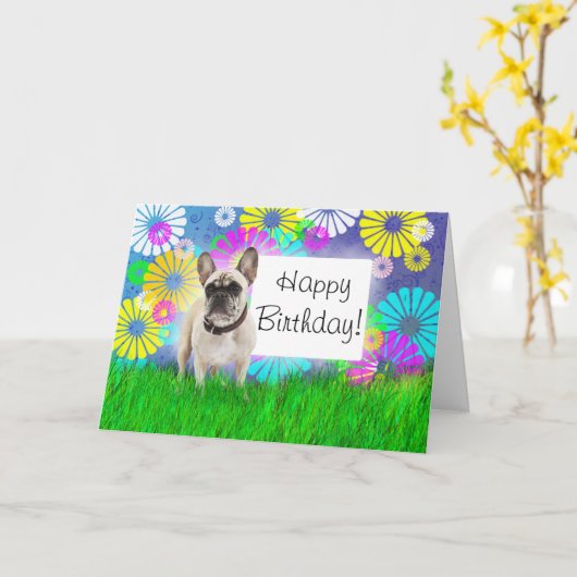Franse Bulldog Gelukkige Verjaardag Kaart (Gele Bloem)