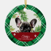 Franse Bulldog Gepersonaliseerde Eerste Kerstmis Keramisch Ornament (Voorkant)