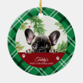 Franse Bulldog Gepersonaliseerde Eerste Kerstmis Keramisch Ornament (Achterkant)
