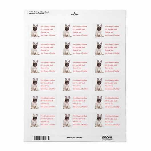 Franse bulldog gepersonaliseerde naam adreslabel etiket (Full Sheet)